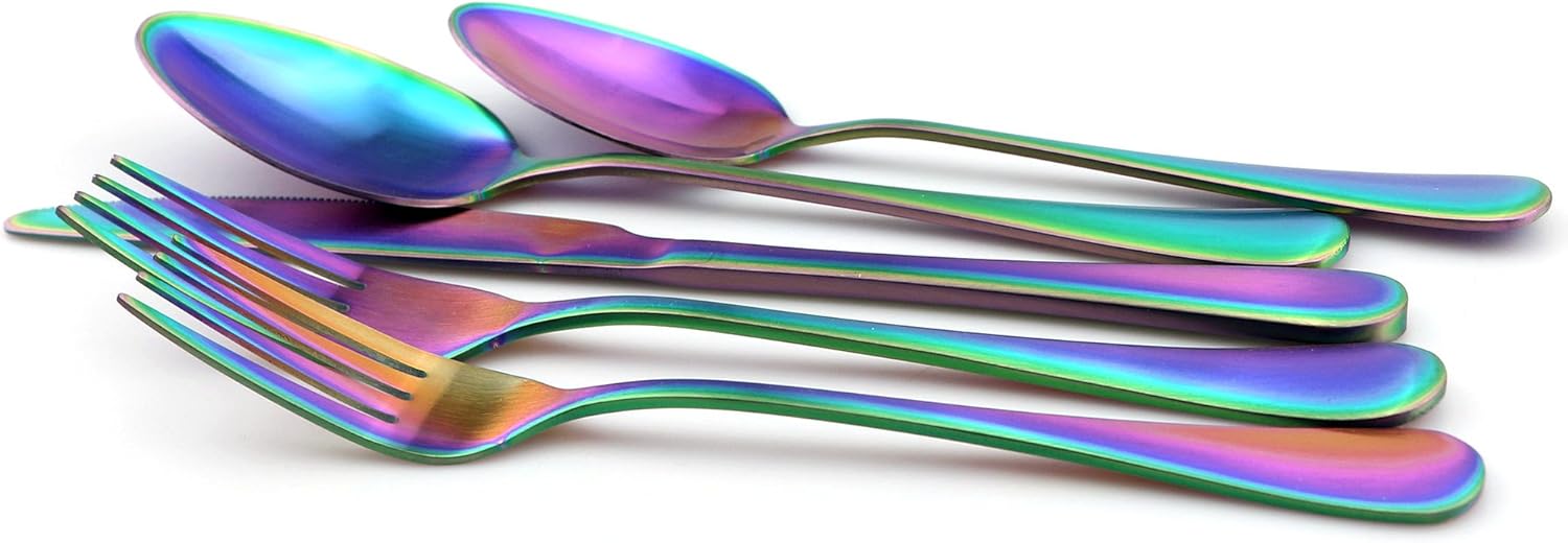 20-Piece Matte Colorful Rainbow Stainless Steel Flatware Set, Serrated Steak Knife Set Service for 4