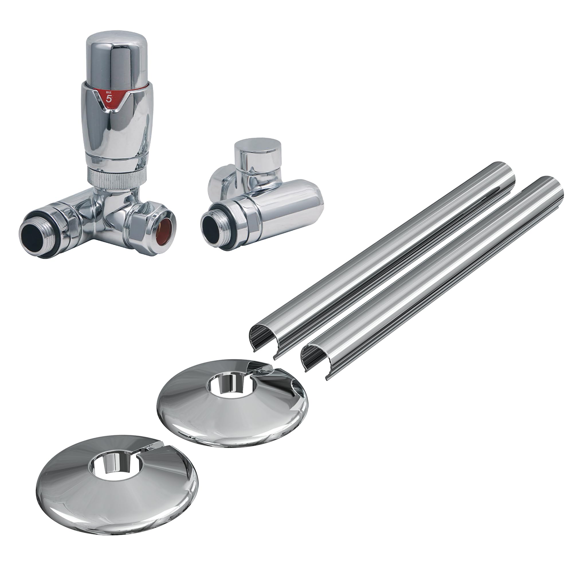 Dual Fuel Thermostatic Radiator Valve Chrome Corner - 1/2" x 15mm with Matching Clip-on Pipe Covers and Collars