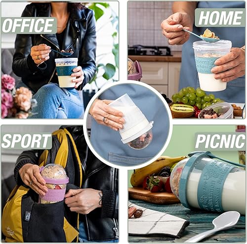 Miniatura 4 de On The Go - Tazas de yogur de cereales con tapas y cuchara, recipiente de avena durante la noche, tarro de leche de plástico reutilizable para