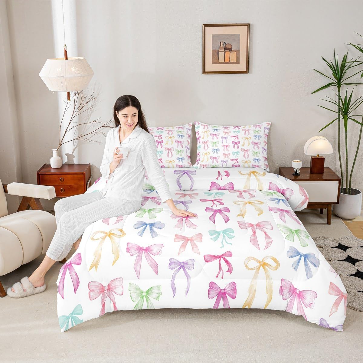 Erosebridal Cute Bow Twin Comforter Set for Girls | Colorful Rainbow Bow Tie Bedding Sets for Kids Teen Preteen, Kawaii Preppy Bows Bed Set, Girly Princess Room Decor, 1 Pillowcase image 2