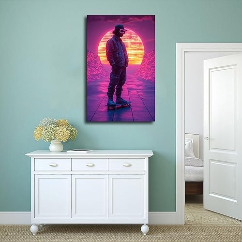 Miniatura 4 de ZMLIS Póster Vaporwave de la cultura del patinaje de los años 80  Impresión de pared de neón con diseño de cuadras de sol y puesta de sol,