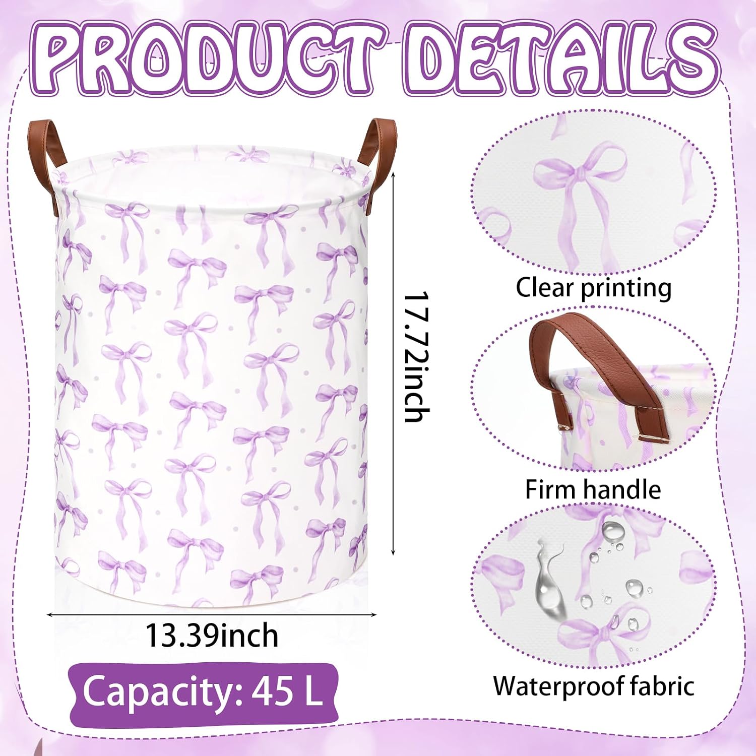 CroBlissful Purple Bow Coquette Laundry Basket Bow Nursery Laundry Basket Hamper Waterproof Collapsible Storage Bin Organizer for Bedroom Bathroom Room Dorm Clothes Toys