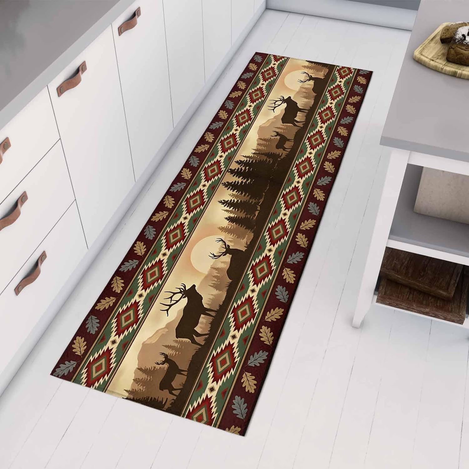 Teamery Kitchen Mats for Floor Deer Retro Southwest Ethnic Washable Non Slip Kitchen Rugs 1PCS, Abstract Tribal Geometric Absorbent Standing Mats for Sink Bathroom Office Living Room 15.7x47.2in