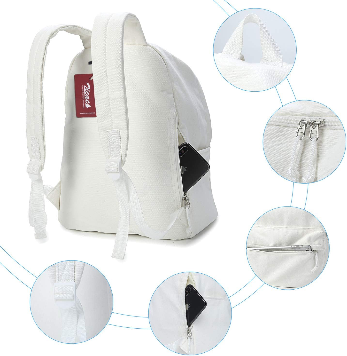Zicac Diy Canvas Backpack Daypack Satchel Backpack (White, with Side Pocket)