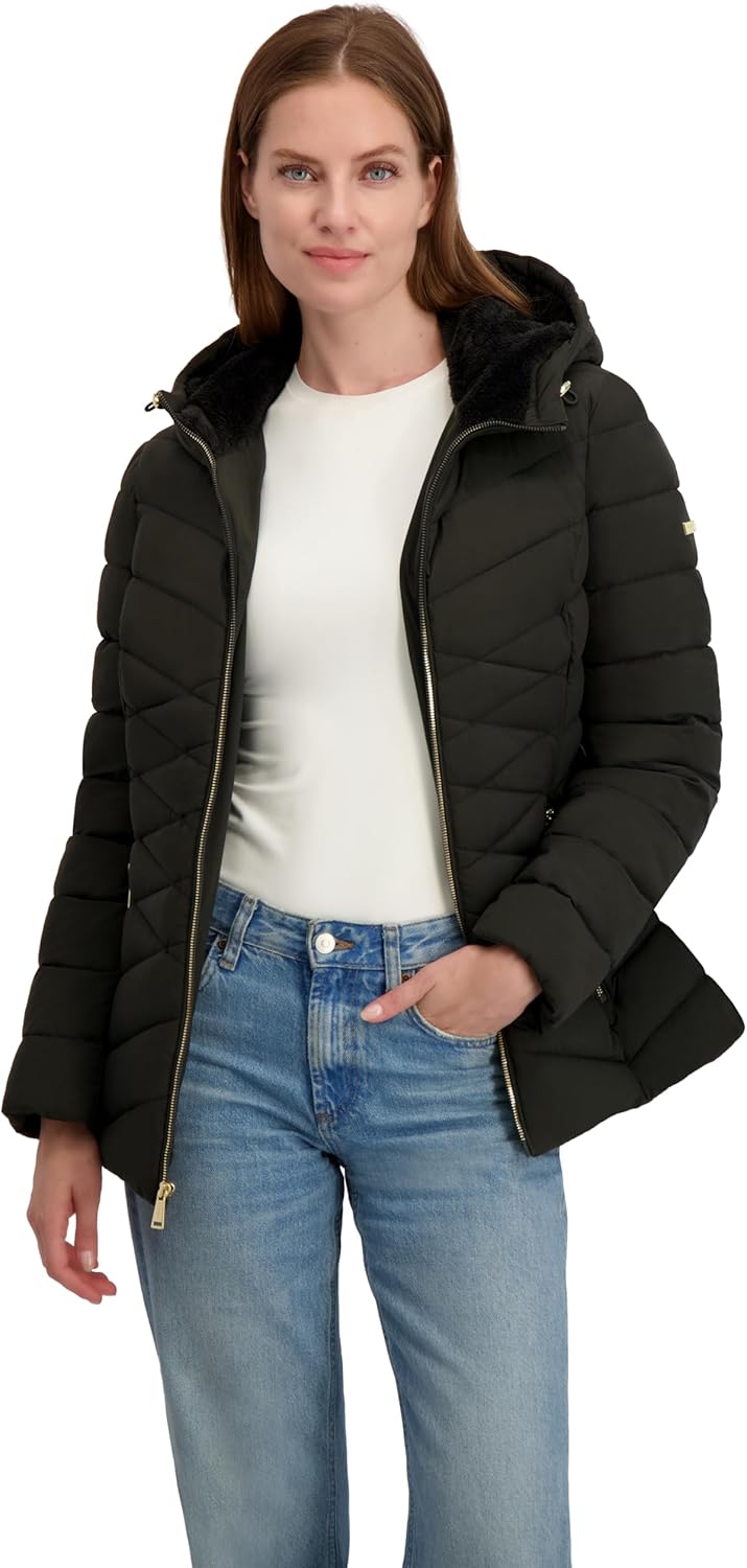 Laundry by Shelli Segal Women's Short Puffer Jacket –stretch Fabric Fitted Winter Coat-mellowpile Lined Hood