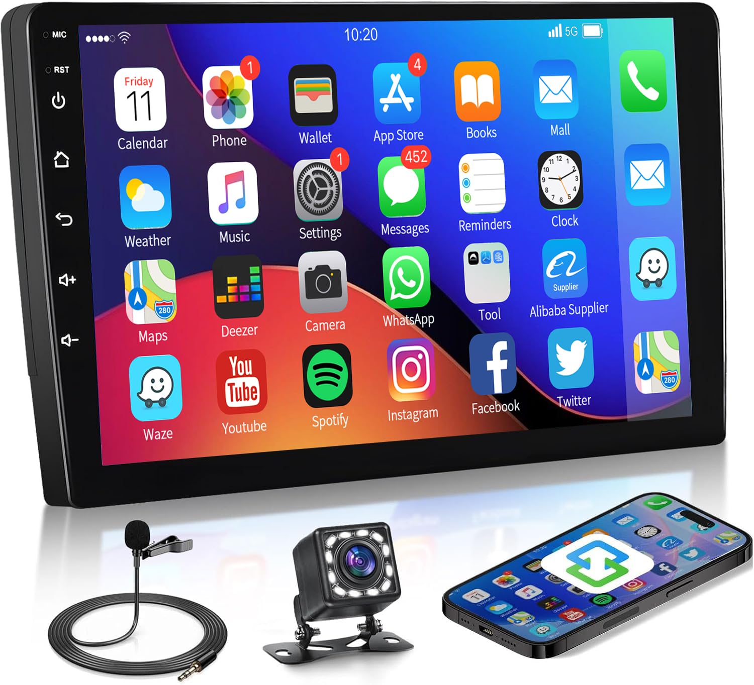 Hodozzy 10.1" Android Car Stereo Double Din Touch Screen Radio with Mirror Link, GPS, Bluetooth, WiFi, EQ, FM/RDS Radio, Split Screen, Reverse Camera Input & SWC，Car Audio Receivers