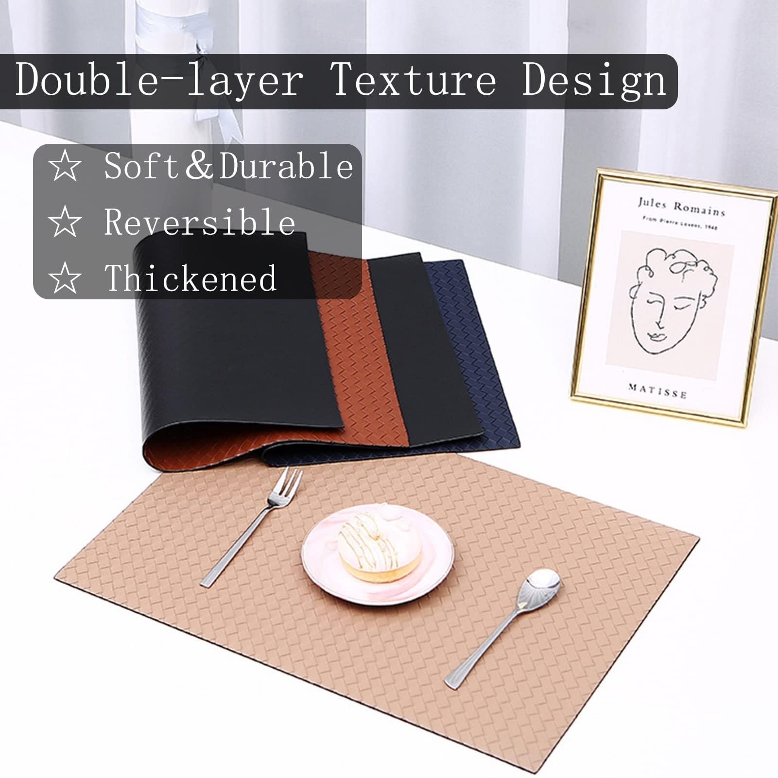 Lot de 4 sets de table rectangulaires tissés double face en cuir synthétique, résistants à la chaleur, lavables et antidérapants pour salle à manger, cuisine, décoration de fête de mariage (bleu
