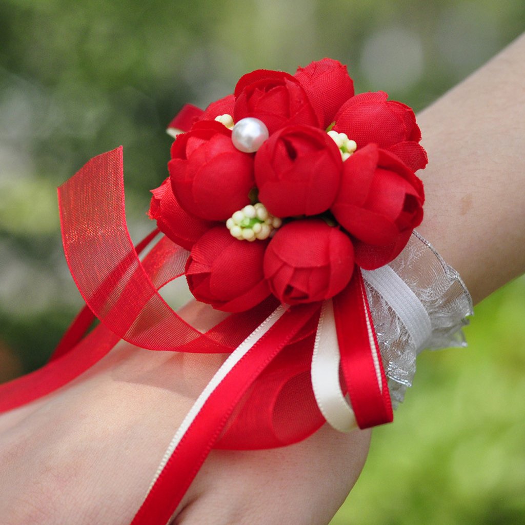 Simdoc 2Pcs Wedding Girls Bridesmaid Flower, Hand Flower,Wrist Corsage Ribbon (Dark Red)