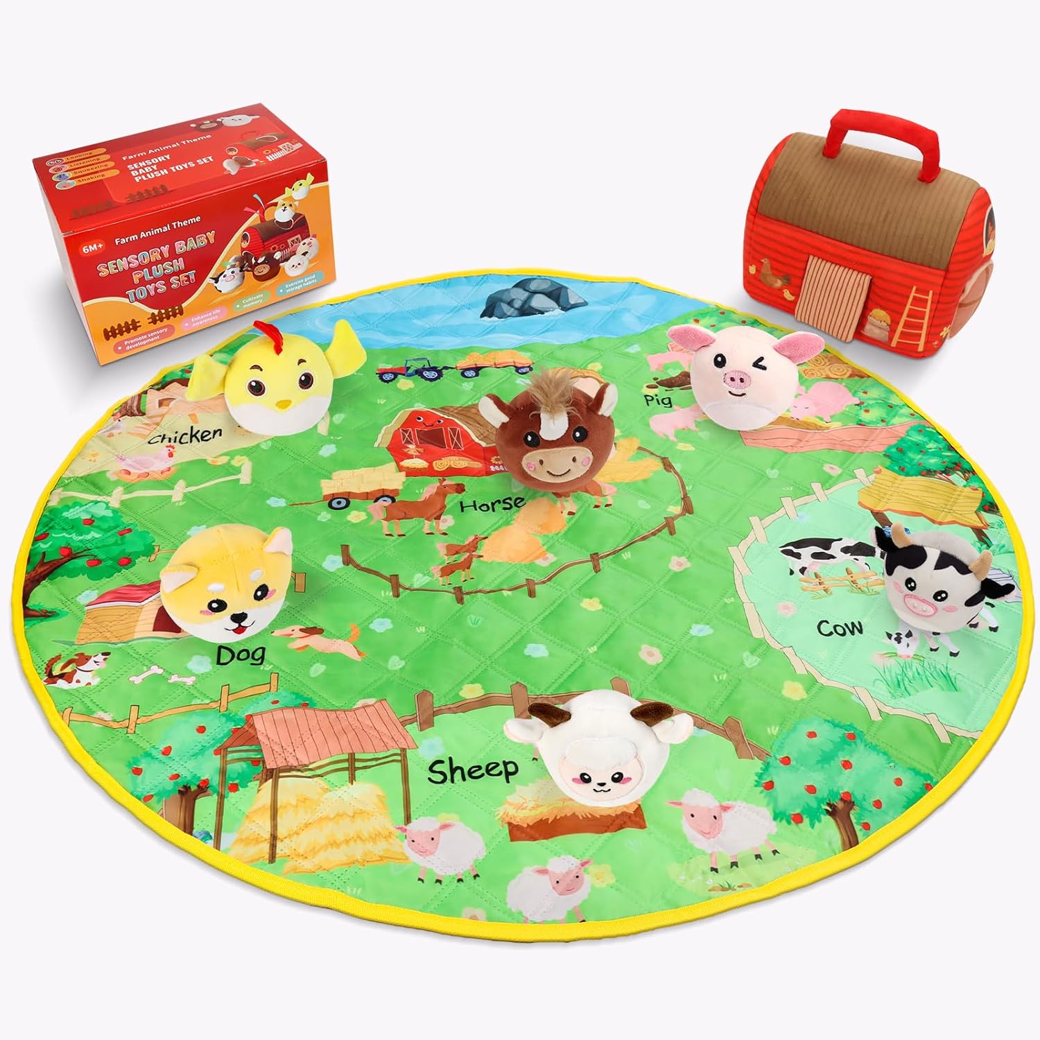 Farm Animal Toys for 1 2 3 4 5 Year Old Toddlers – Plush Farm House Playset with Barn, 6 Soft Farm Animals & Large Play Mat – Farm Toys for Toddlers 1–3 Baby Easter Basket Stuffers