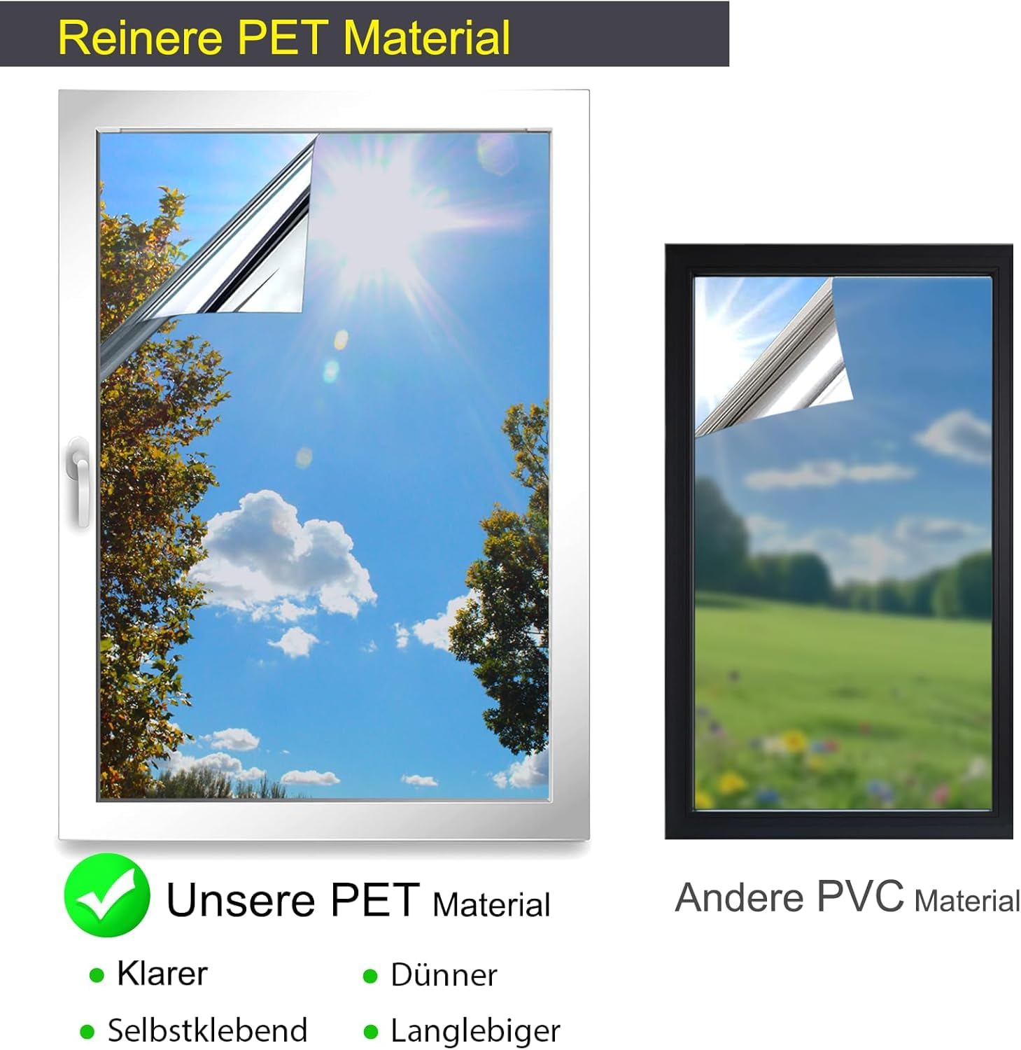 Spiegelfolie Fenster Sichtschutz 100x200cm Sonnenschutzfolie Fenster Innen & Außen Fensterfolie Sonnenschutz Einseitige UV Folie Fenster Hitzeschutz ideal für Wohnzimmer und Büro, Silber