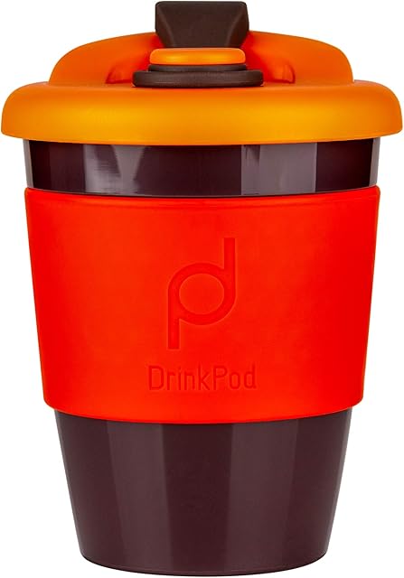 DrinkPod 12oz/340 ml Reusable Coffee Cup / Travel Mug with Rotating Rubber Lip BPA Free PLA Plastic  Volcano / Red