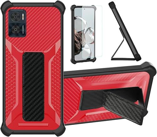 Funda Compatible para Moto E22 Funda de Teléfono [con Protector de Pantalla de Vidrio Templado] Funda Híbrida [Soporte Plegable Magnético]