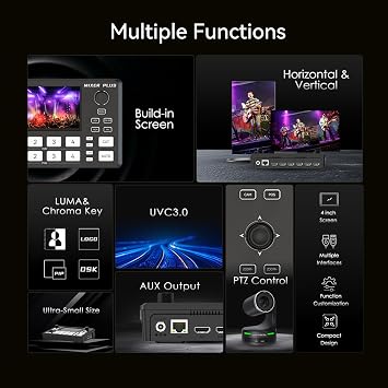 Mixer Plus Compact Video Switcher 4 HDMI with 4''Built-in Screen, Portable Live Streaming Switcher for Multi-Camera, Online Class, Event, YouTube, OBS, Zoom