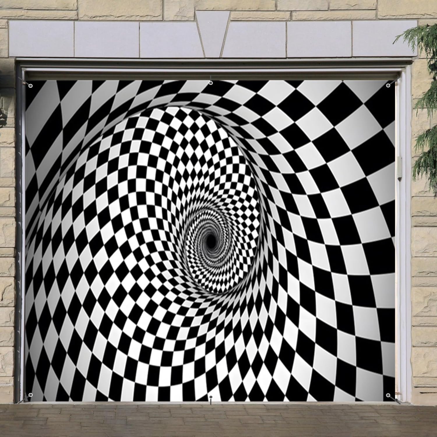 Black and White Vortex Garage Door Cover Banner Decorations Backdrop 6x8ft 3D Abstract Spiral Swirl Tunnel Garage Door Outdoor Endless Tunnel Birthday Party Garage Door Banner Decorations