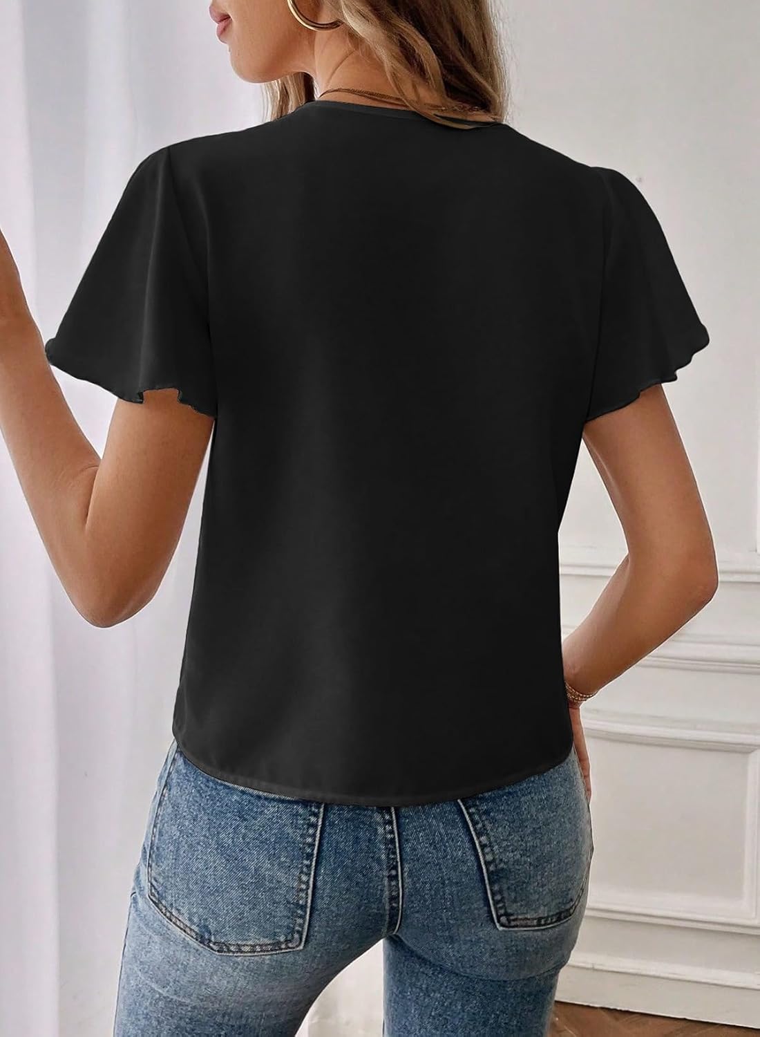 EVALESS Blouses for Women Dressy Casual Summer Ruffle Short Sleeve V Neck Work Tops Busines Office Shirts - Image 3