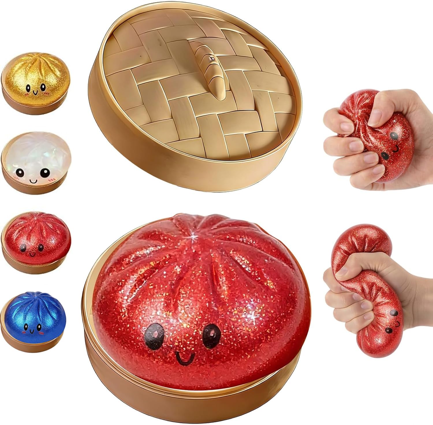 Glitter Dumpling Squishy Box, Dumpling Squishies, Sensory Squeeze Toy for Stress Relief, Soft Decompression Dough for Adults Office and Home Use (Ribbon Emoji bun) — view 9