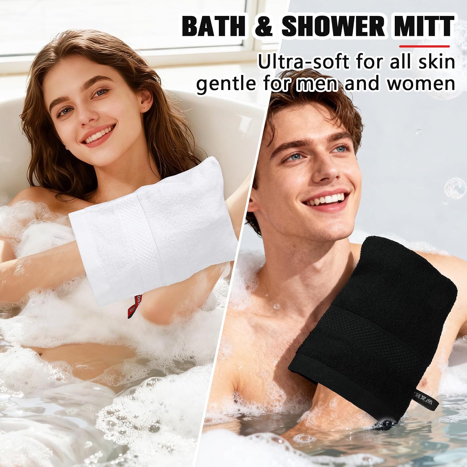 PHOGARY 8 Pack Bath Mitts, 100% Cotton Face Washcloth Mitt Gloves, European Style Wash Cloths with Loop, Soft Cleansing Mitts for Body Showering, 6 x 9 inch, White and Black
