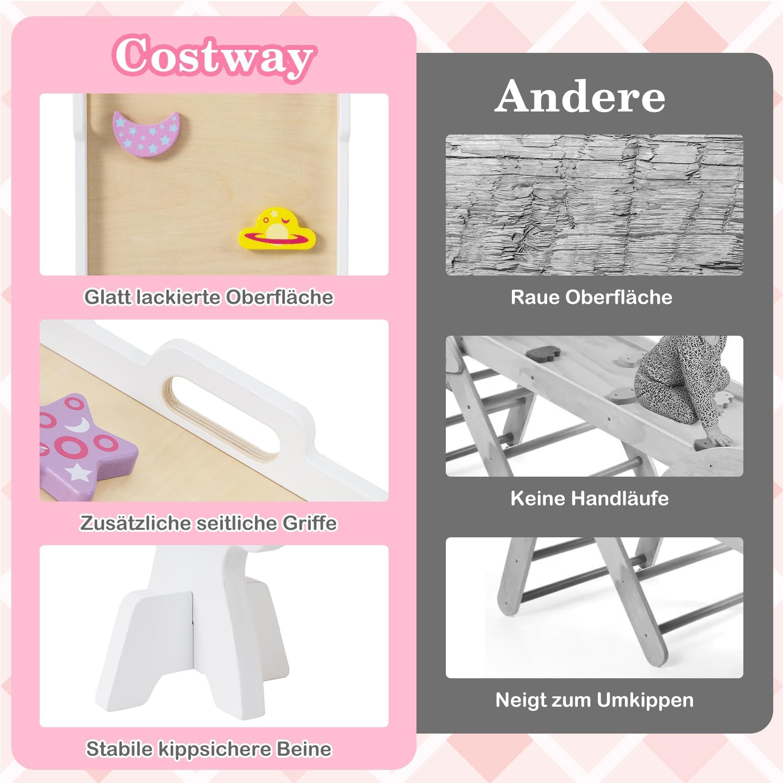 FANTASK Set di 4 telai da arrampicata 7 in 1 per interni, con scivolo, arco da arrampicata, rete, con rampa su entrambi i lati, set di mattoncini e 2 auto, unicorno, triangolo da arrampicata in legno