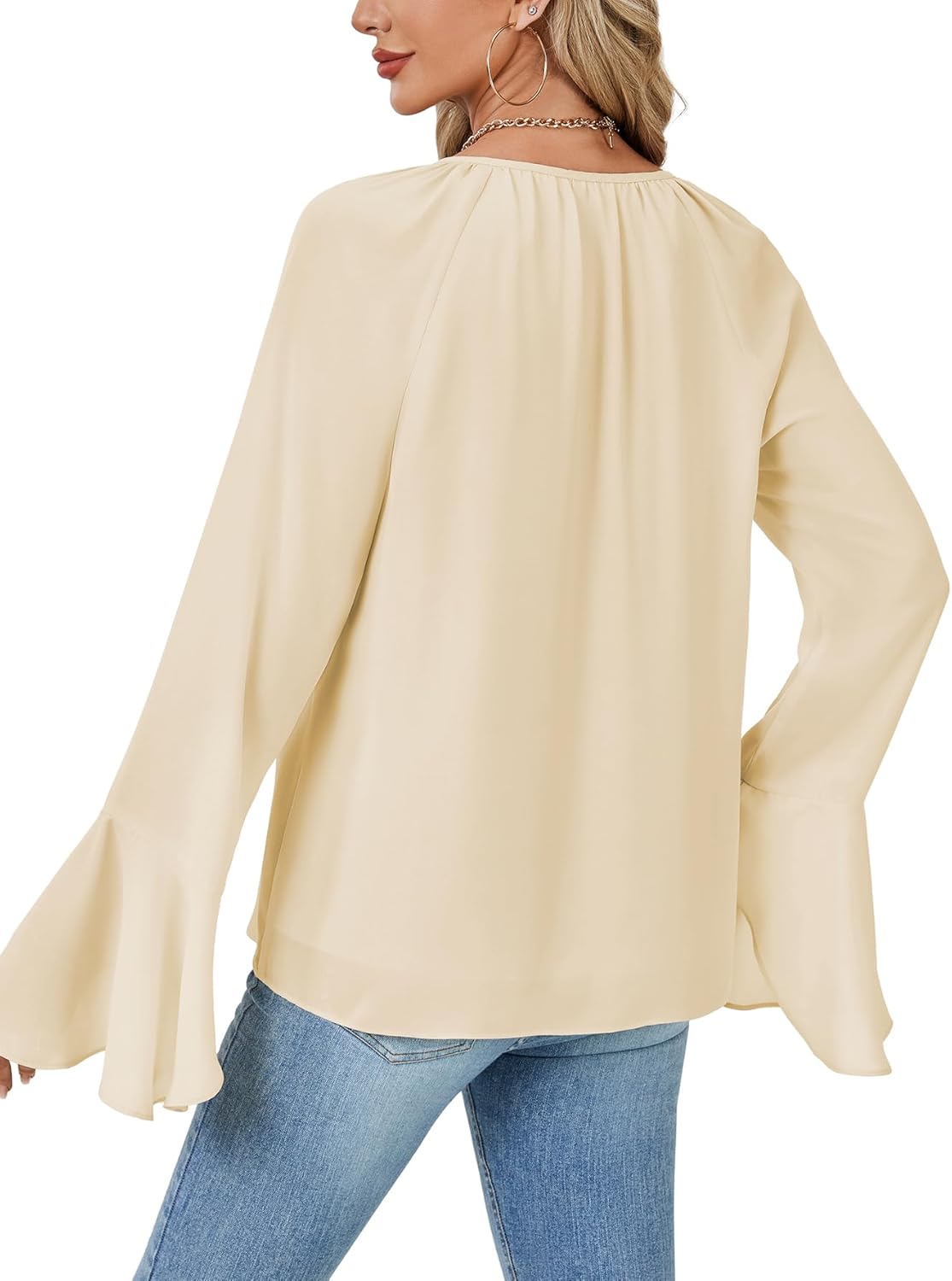 OPOIPIN Women's Ruched Tie V Neck Flounce Long Sleeve Casual Shirt Blouse Top - Image 5