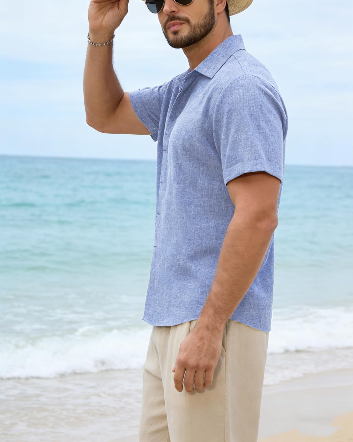 Mens Linen Shirts Short Sleeve Casual Shirt Button Down Summer Beach Vacation Tops Men Casual Dress Shirts Breathable - Image 3