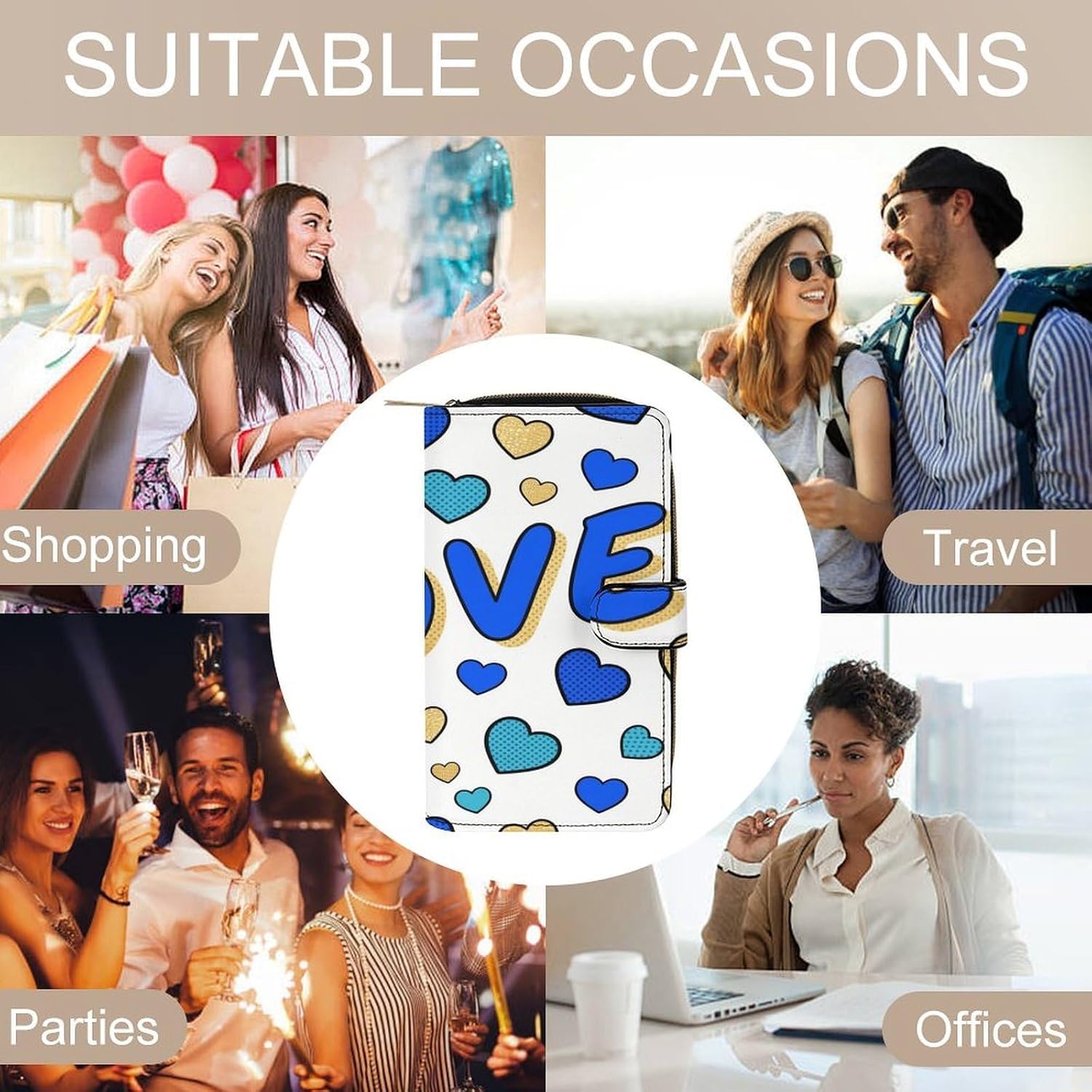 Blue And Gold Heart Wallet,PU Leather Material, Small Wallet,Bifold with Zipper, Travel Wallet,Compact And Portable for Men And Women 7.8 * 4.3 * 1.4 Inches