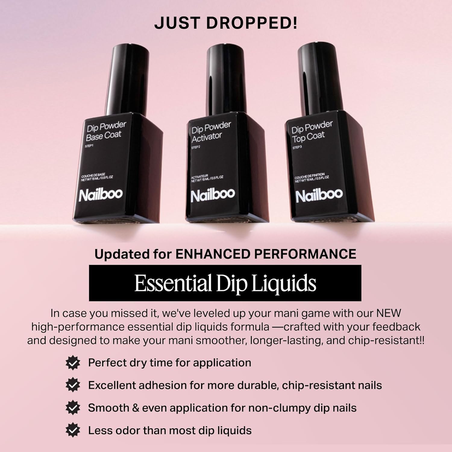 Nailboo Dip Powder Nail Kit Bundle – Base Coat, Activator, Top Coat & Build Powder, New Premium Formula, Strengthens Nails, Locks Color, Seals Shine, Clear 1oz 4 Piece Set
