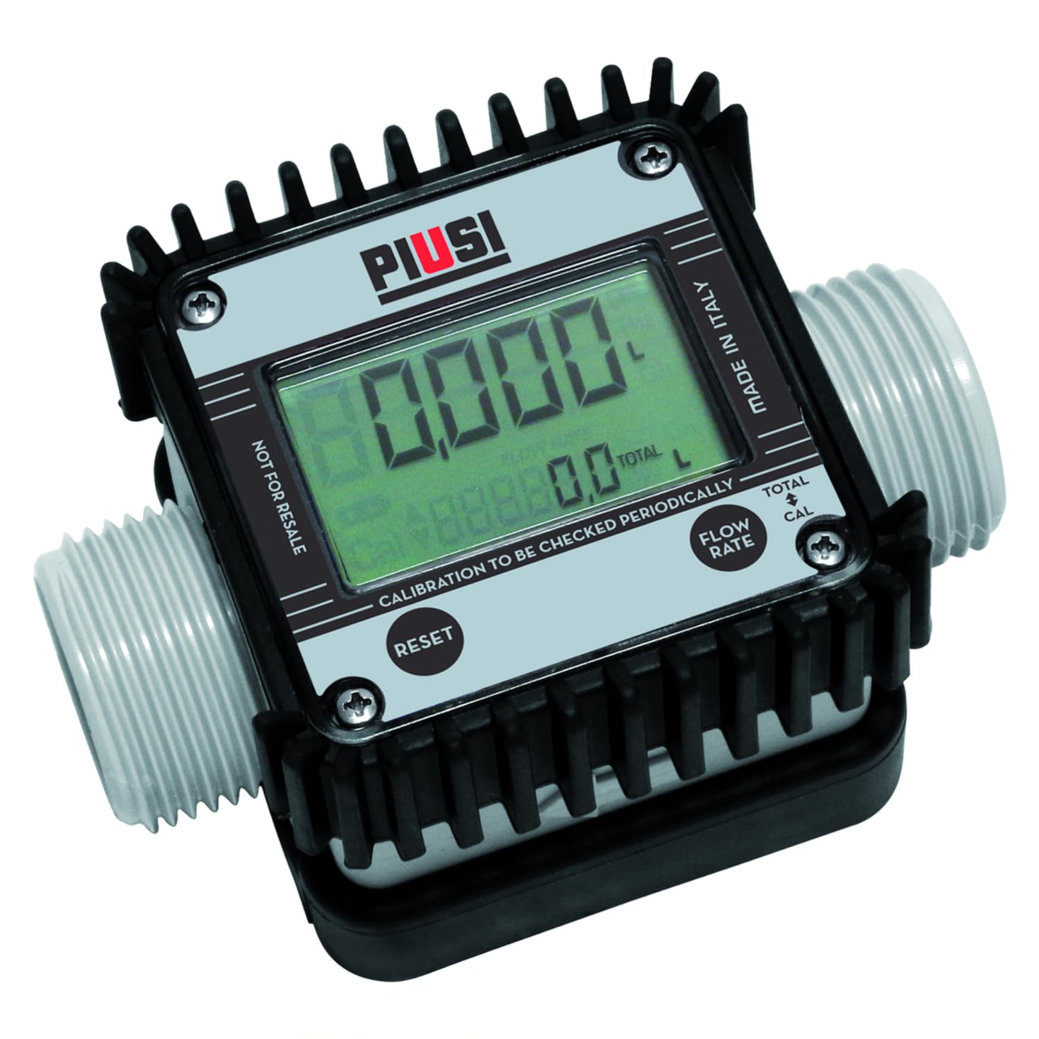 Piusi Digitales Turbinen-Durchflussmessgerät für Adblue/Wasser mit Anzeige für Durchflussraten bis zu 120 l/min, Druck 10 bar, Anschluss M/F 1” BSP und 4-Richtungen drehbares Display | K24 F0040710A