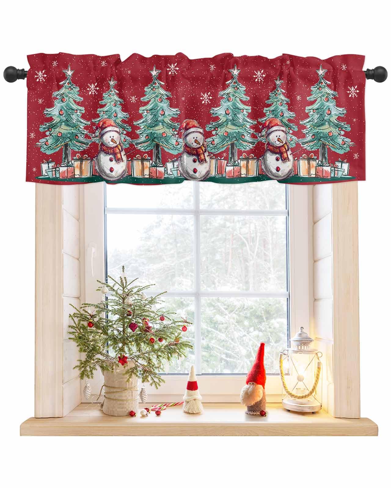 Red Snowman Snowflake Curtain Valances for Windows, Light Filtering Thermal Insulated Windows Curtains Decoration Christmas Tree Valance Curtains for