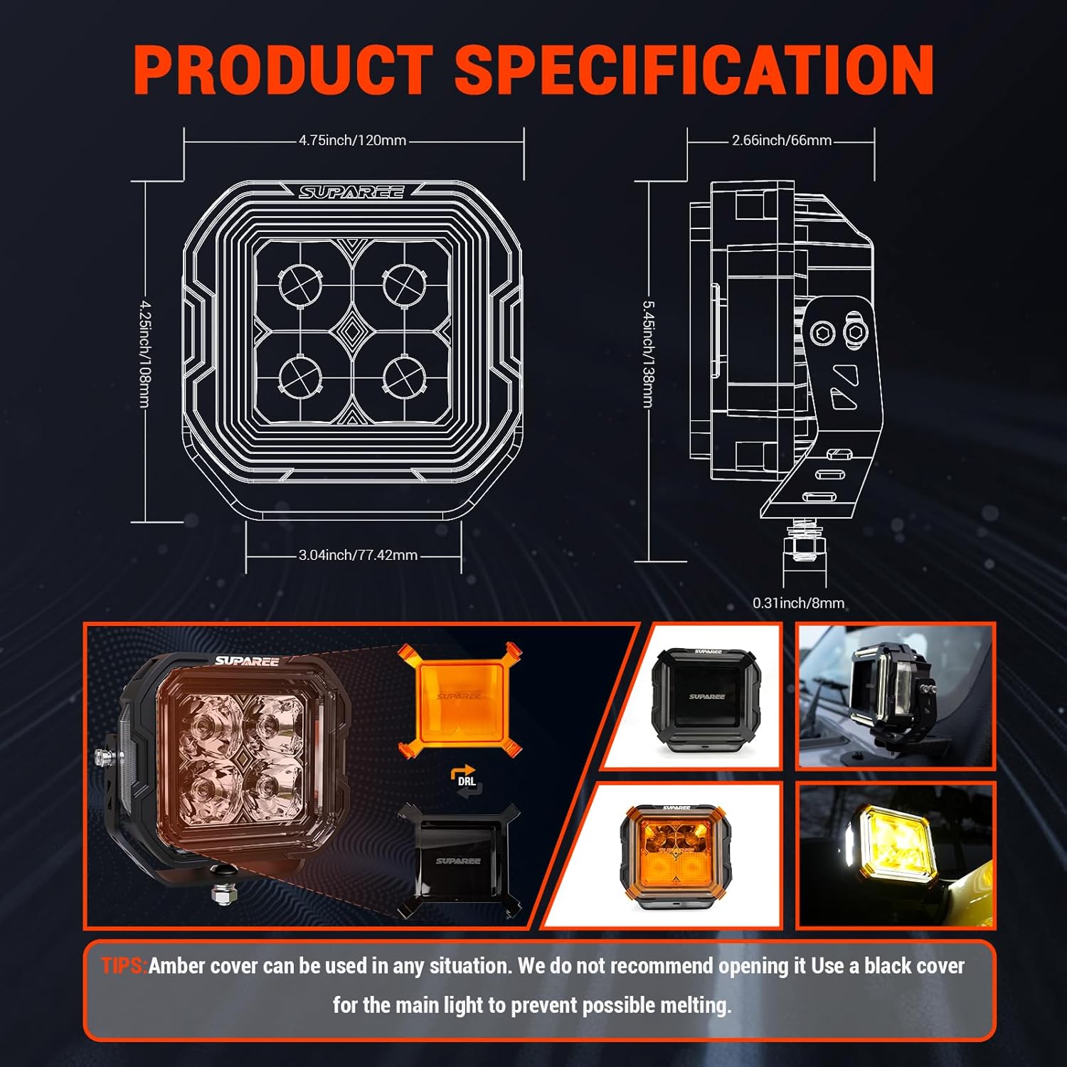 SUPAREE Hyper 5" Off Road LED Pod Lights, Amber White DRL Spot Flood Combo Ditch Lights Pods, 5 Inch 135W 9116LM Cube for Wrangler Ford UTV ATV Trucks, 2PC 150° Lamp for Roof A-Pillar Bumper