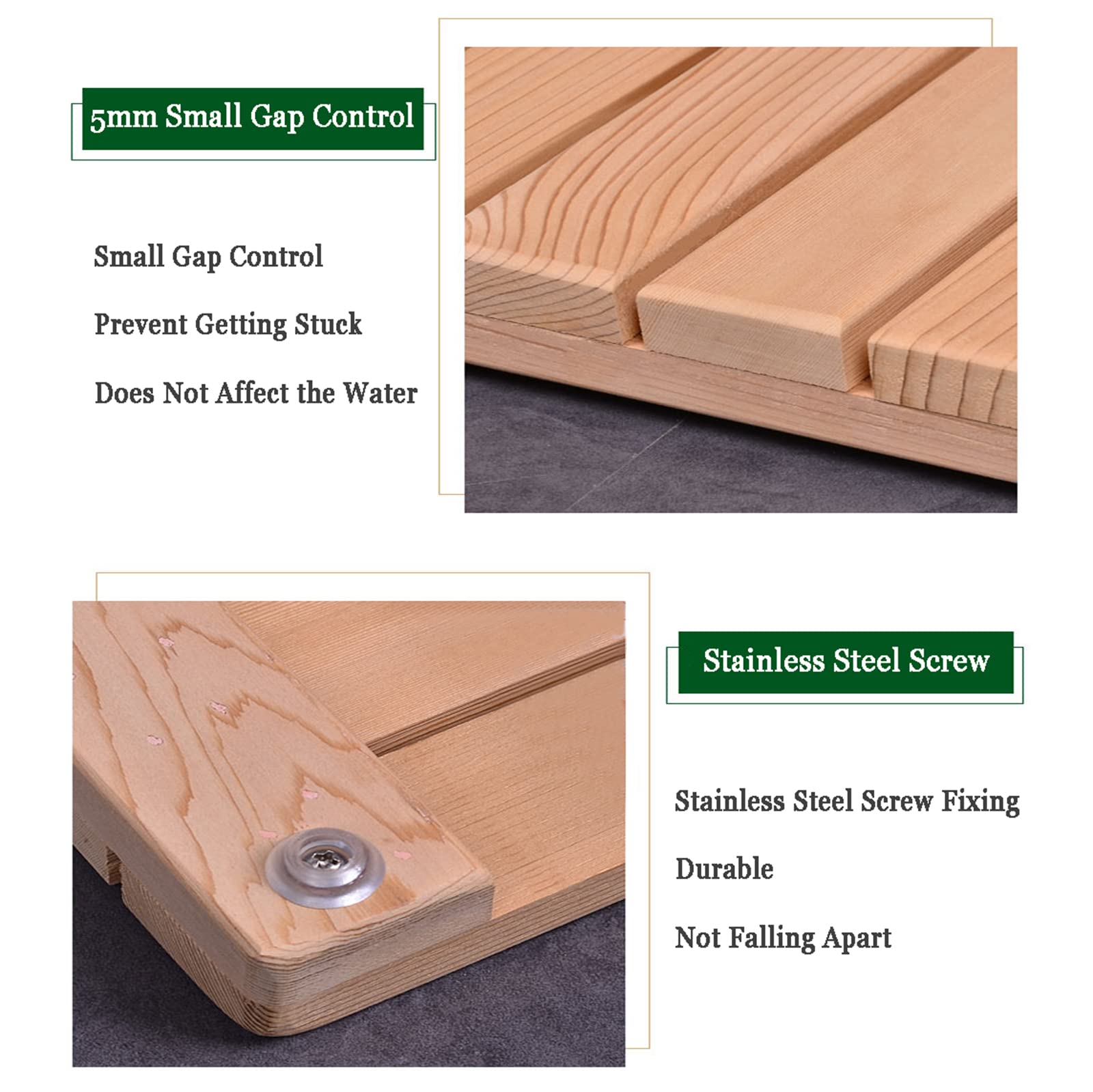 Pedana Doccia in Legno, Tappetini da Bagno in Legno Antiscivolo con Design A Doghe per Vasca da Bagno Interna/Esterna, Doccia, Sauna, Piscina O Vasca Idromassaggio,75x90cm/30x36in
