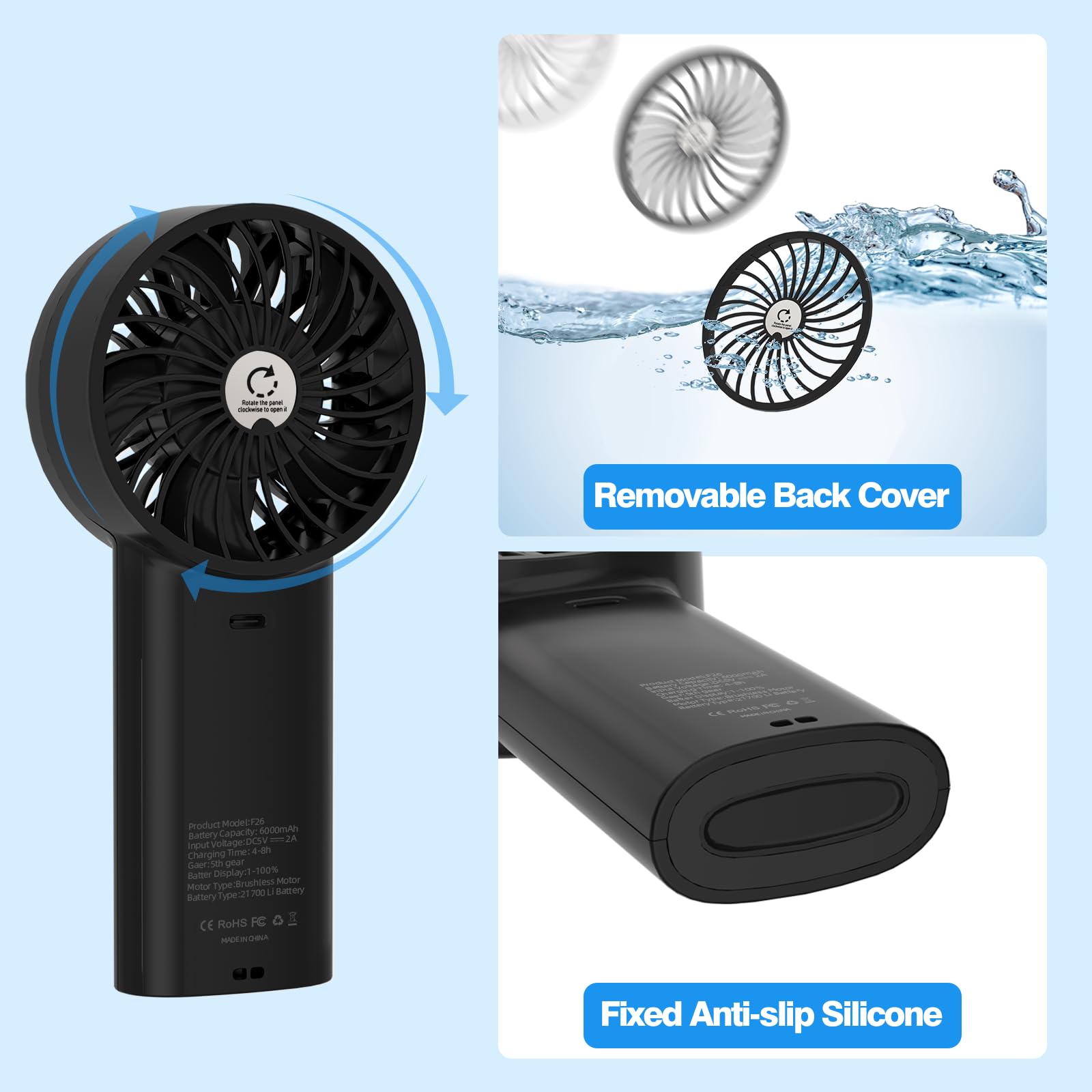 Handventilator 6000mAh Aufladbarer Akku Einstellbare Geschwindigkeitsstufen 1-100% Tragbarer USB Ventilator LED-Display