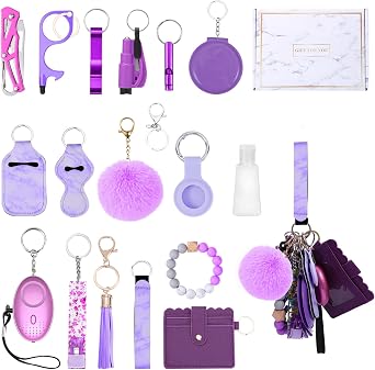 Upgraded Safety Keychain Set for Women, Wristlet Strap Keychain with Personal Alarms, Mirror, Pom Pom, etc. 18PCS