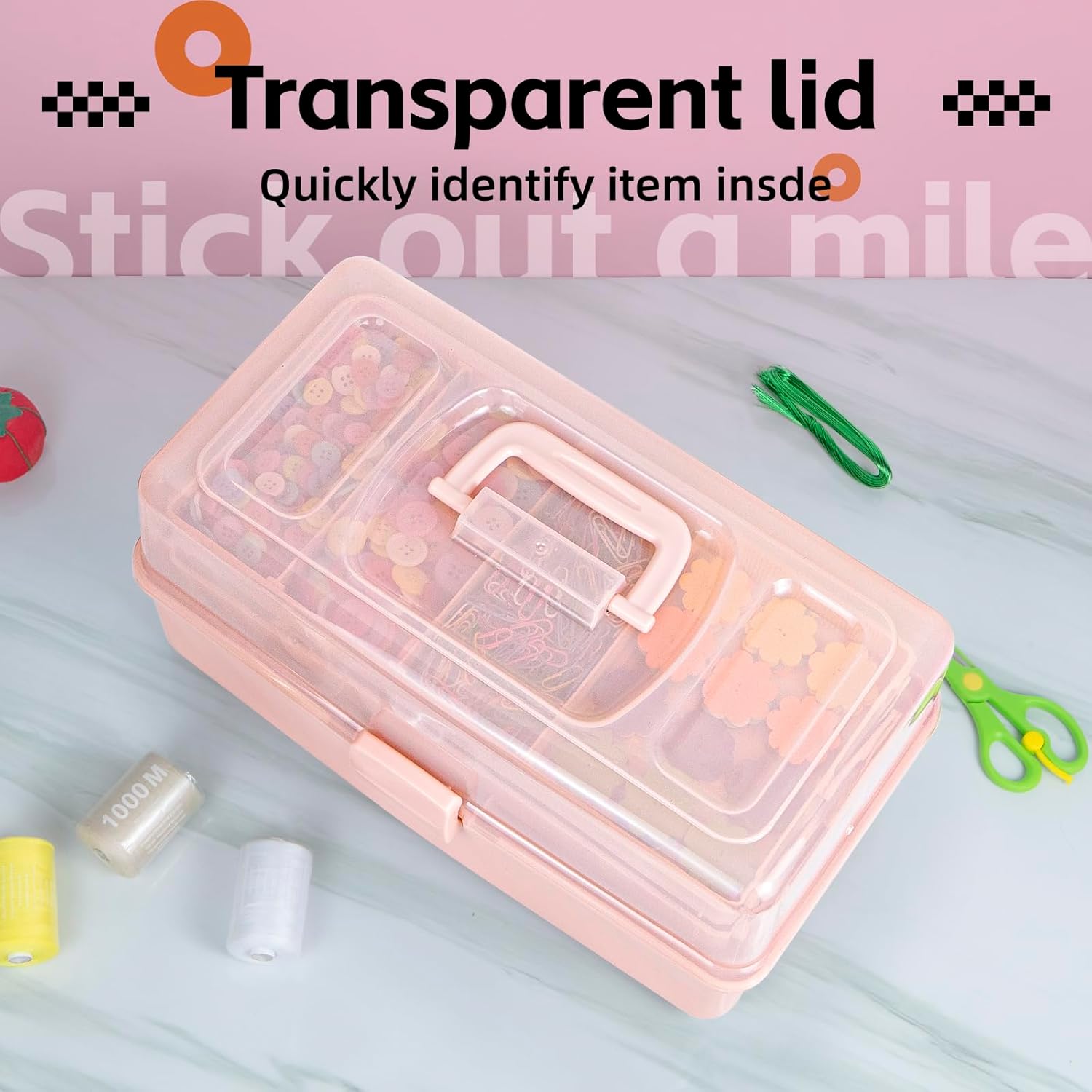 TERGOO 14in 3-Layer Multipurpose Craft Organizers and Storage with Adjustable Dividers, Portable Tackle Box, Folding Art & Craft Case for Medicine, Tool, Sewing Organizer (Pink, X-Large)