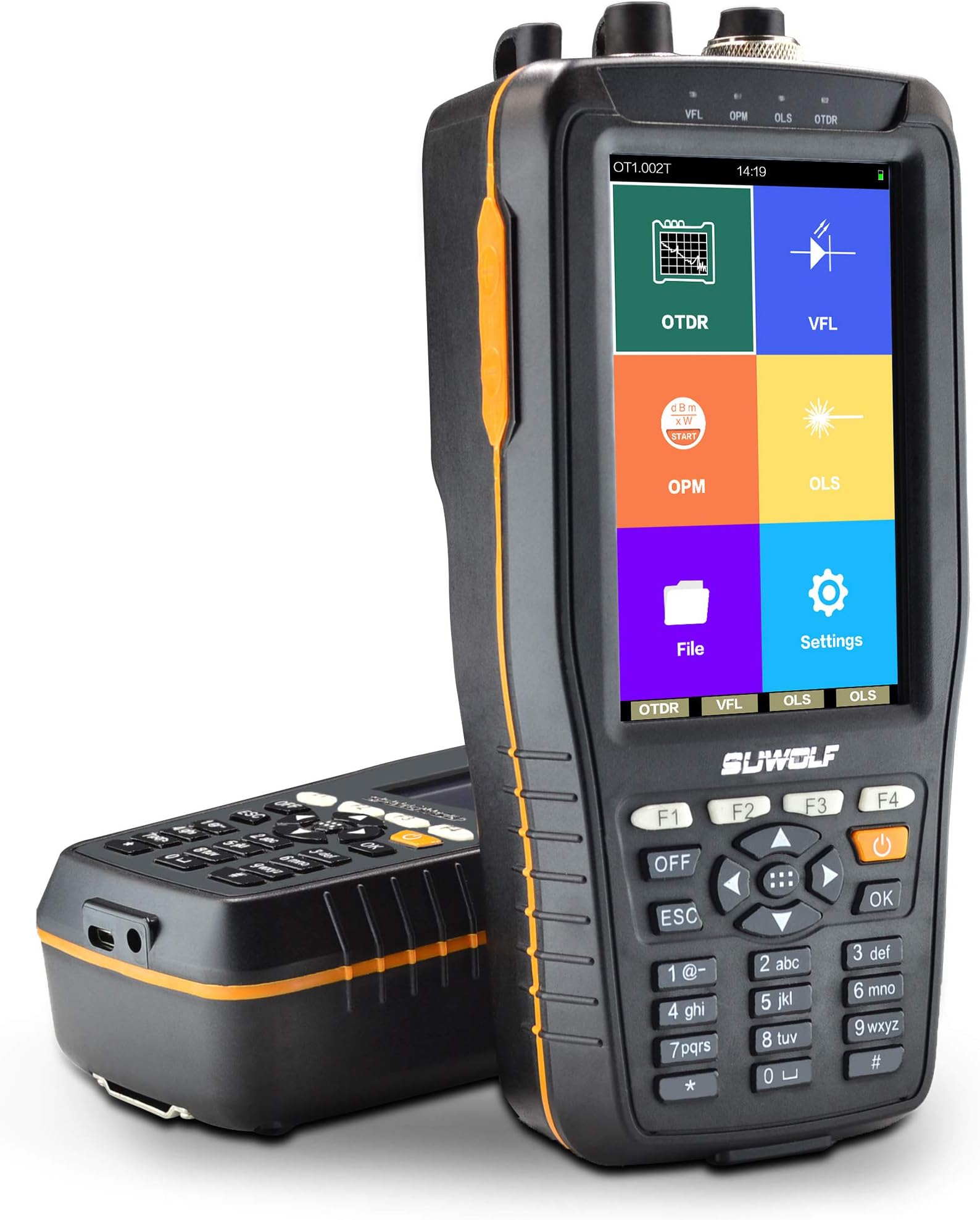 SUWOLF 1310/1550nm 22/20dB Portable 4 in 1 OTDR+VFL+OPM+OLS 4" Touch Screen 60Km OTDR Fiber Optic Tester/Optical Domain Reflectometer With SC(APC)+FC(APC)+FC zu LC(APC) Connector