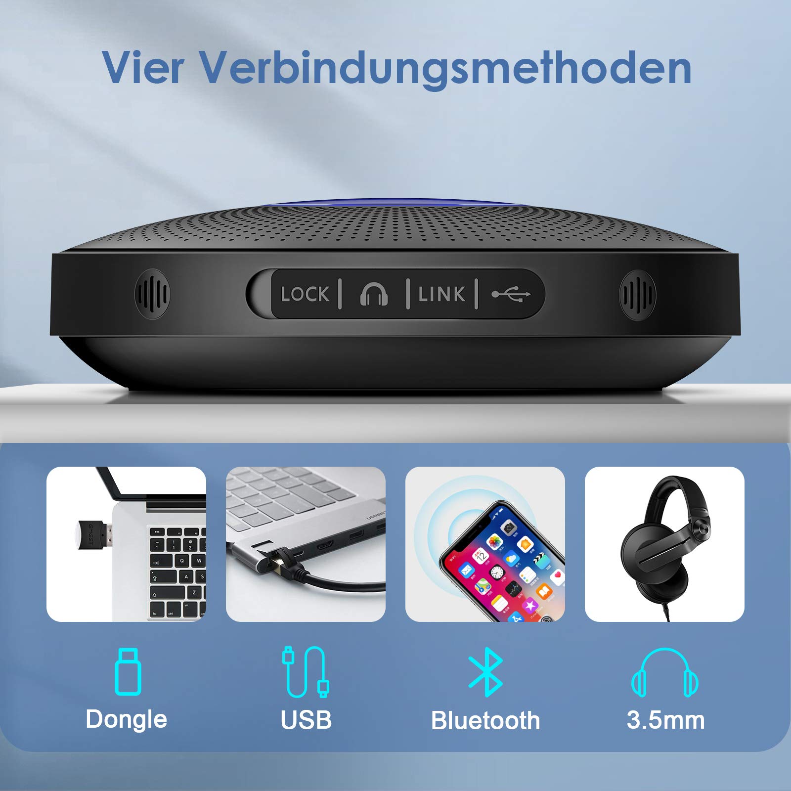 eMeet Bluetooth Konferenzlautsprecher - M2 Max USB Freisprecheinrichtung für 10-15 Personen, Speakerphone, PC Konferenzmikrofon mit AUX, Dongle, Vollduplex Anruf,Pulg and Play, für Skype, Zoom usw.