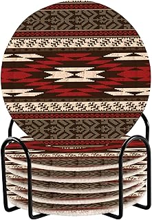 Coasters for Drinks with Holder Absorbent Set of 6 Decorative Tribal Native American Striped Cotton Woven Round Coaster for Coffee Table