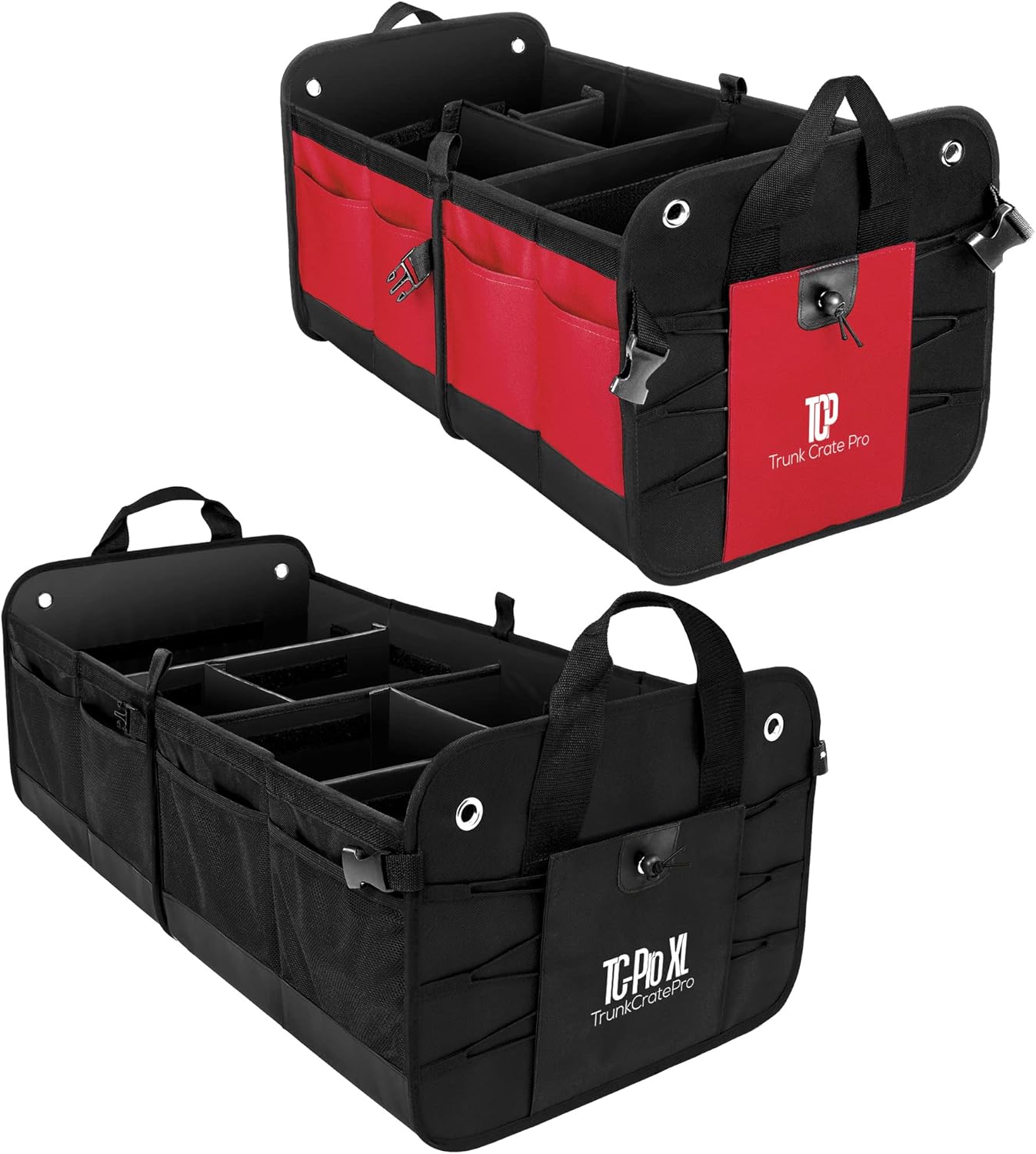 TRUNKCRATEPRO Save 15 per cent off bundle of 2 collapsible portable multi compartments trunk organizer (1 XL Black and 1 regular red organizer)