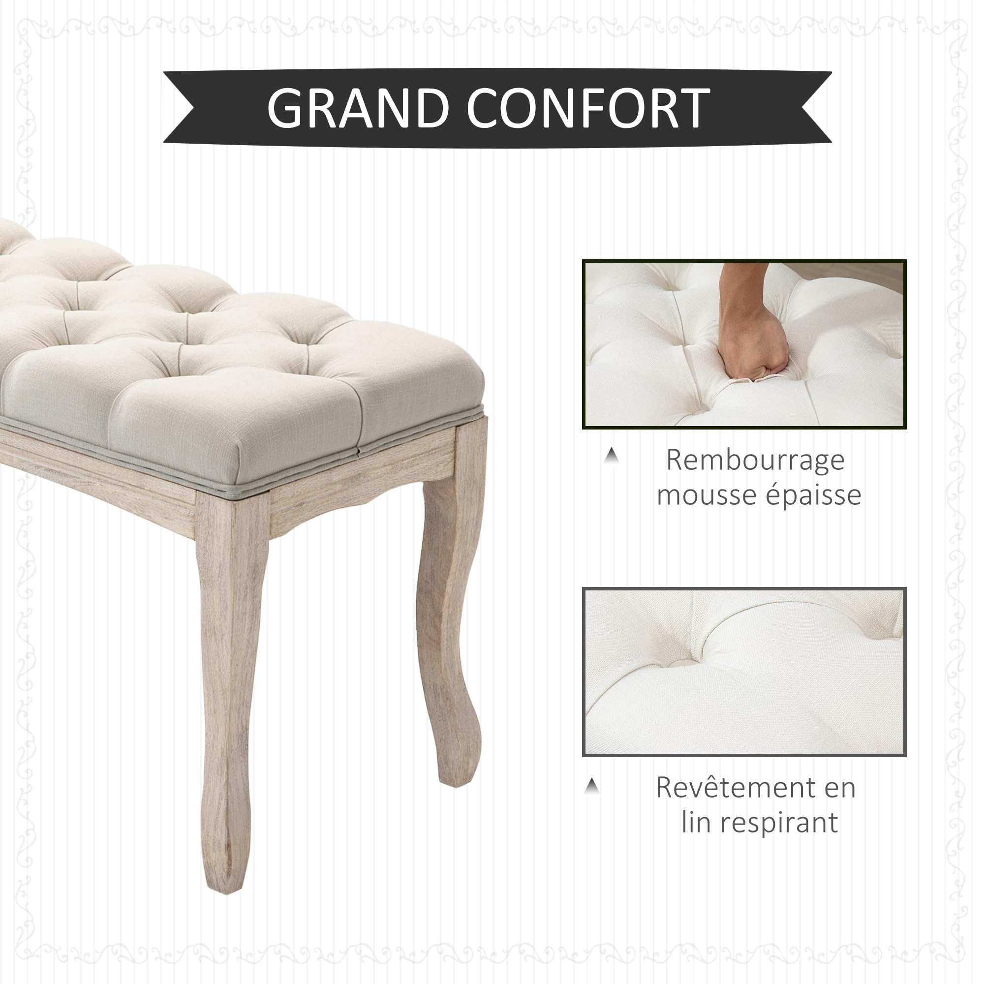HOMCOM Banc Banquette capitonnée Style Classique 110 cm Bout de lit Rembourrée en Lin piètement Bois hévéa sculpté Lin Beige