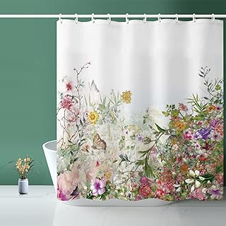 Shower Curtain, Fabric Colored Flowers Waterproof Shower Curtain - 72" W x 72" L with 12 Hooks
