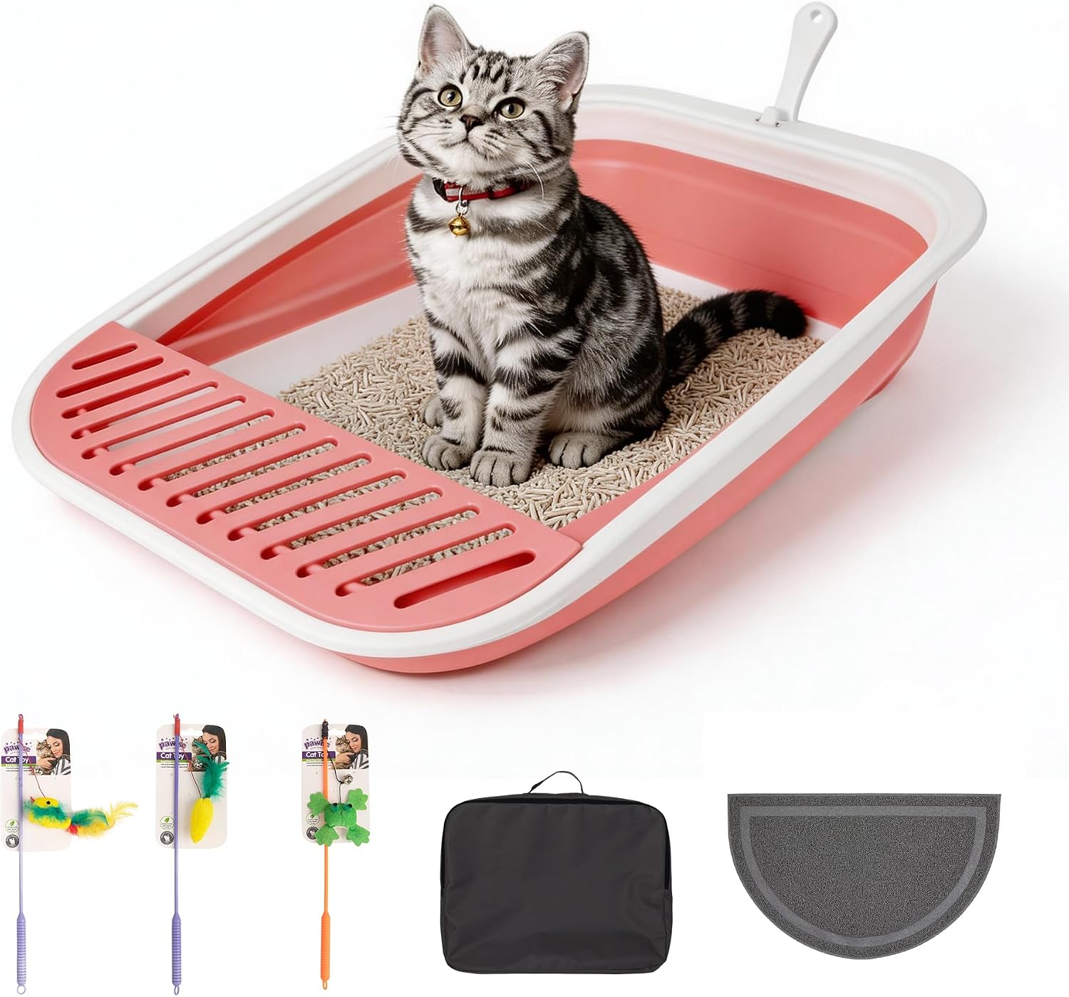 Pawise Foldable Cat Litter Box, Low Entry Collapsible Kitten Litter Box with Scoop, Travel Pet Potty Pan & Anti-Splash Toilet for Kittens (with Storage Bag, Cat Teaser & Litter Mat) (Pink)