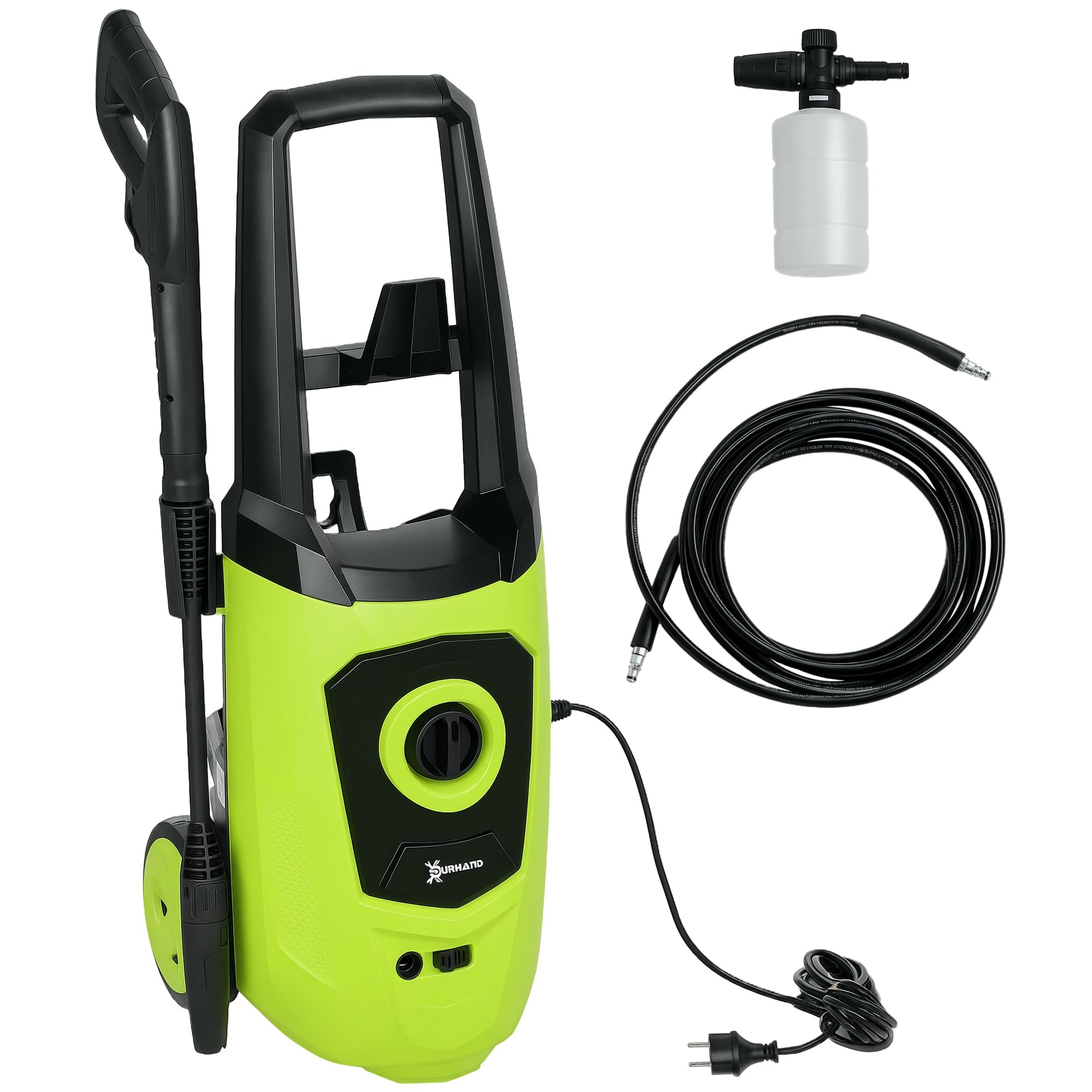 DURHAND Hidrolimpiadora de Alta Presión 1800W 150 Bar 6 m Verde y Negro | Caudal 510 L/h, Bomba de Aluminio, Parada Automática, Incluye Botella de Jabón, Boquilla, Cepillo