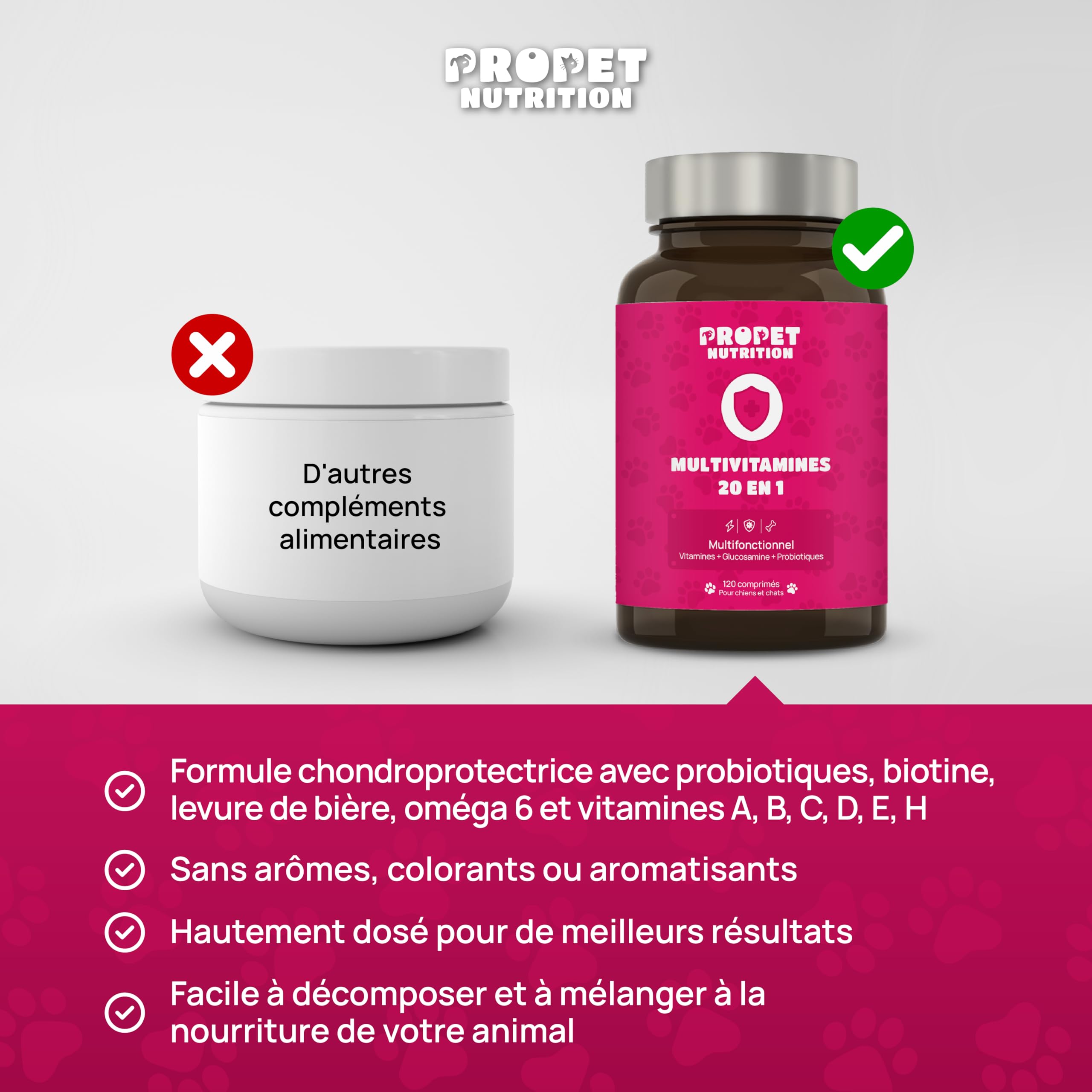 Complement Alimentaire Chien et Chat 20 en 1. Vitamines, Probiotique et Glucosamin Anti Arthrose. VIT A, B, C, E, H, Omega 6, Levure de bière + Fer. 100% Naturel. Effet Anti Inflammatoire. 120 Doses
