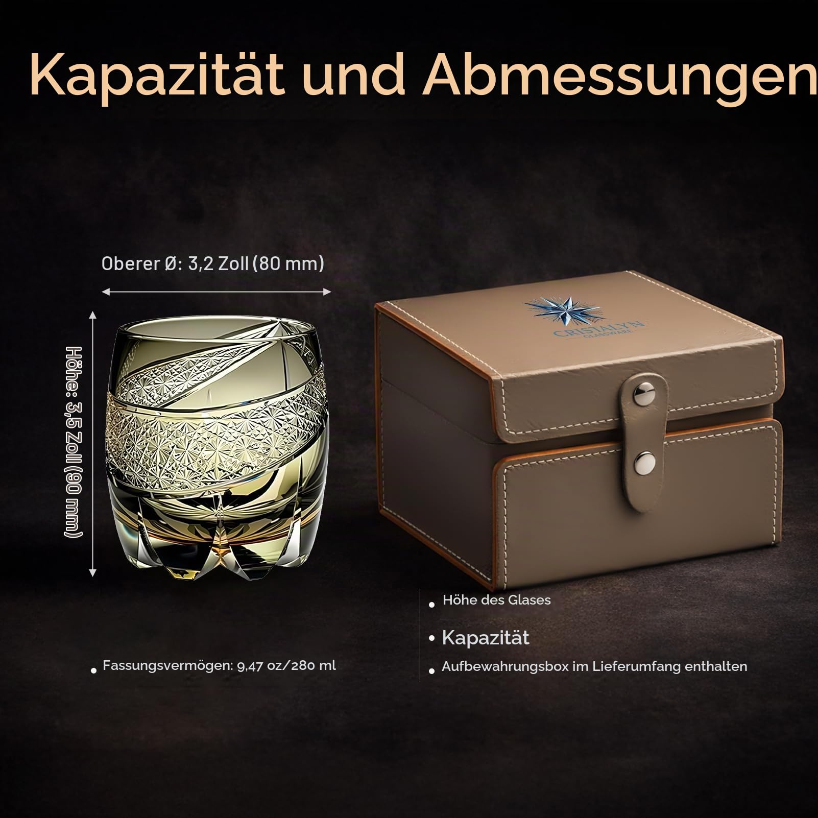 Japanisches Kiriko Whiskyglas handgefertigt Kiku Tsunagi Kristall - Whisky Geschenkset Degustationsglas fur Bourbon Scotch Whiskey - Tumbler Geschenkidee fur Manner (Schwarz, 250ml)