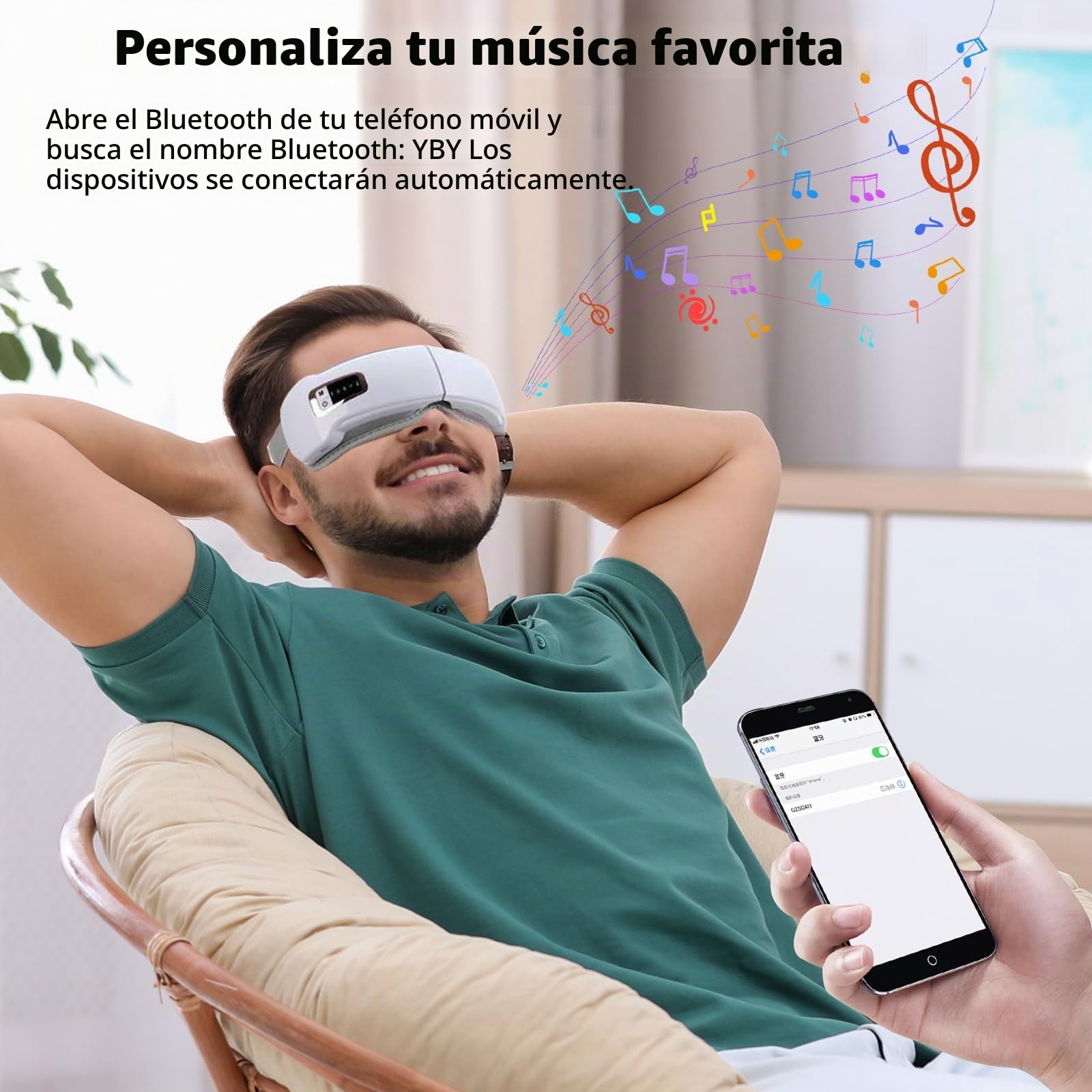 Masajeador de ojos 4 en 1 con calor y Bluetooth, antifaz eléctrico - 5 modos, 3 niveles de temperatura y masaje de presión de aire - Batería de 1200 mAh para viajes y oficina - Contra la fatiga ocular