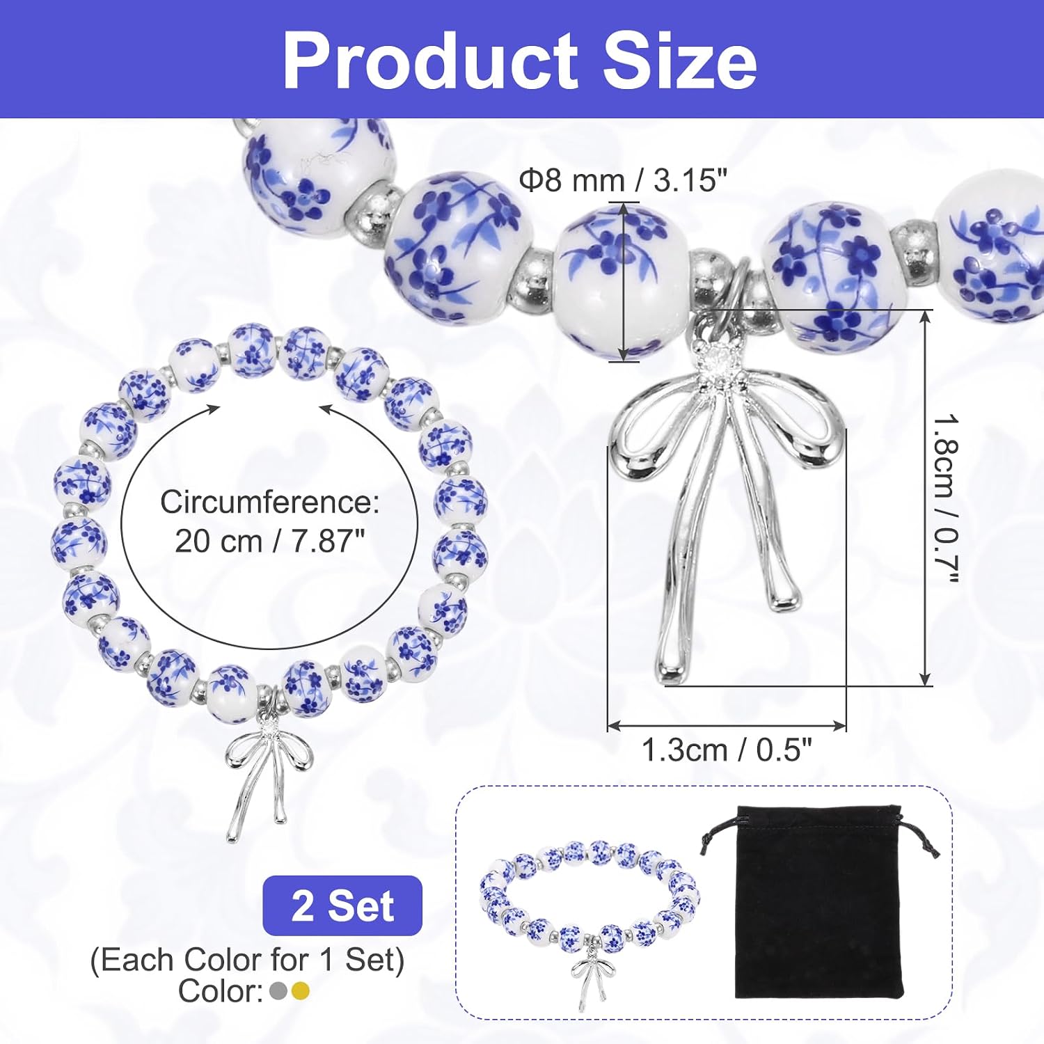 PATIKIL Bow Charm Beaded Porcelain Bracelet for Women 2 Pcs with Velvet Bag for Jewelry Gifts, Blue