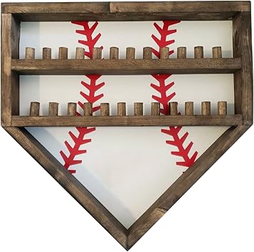 Baseball Display Case Wood Wall Hanging Collectible Baseball Holders with 24 Brackets for Medal Ring Display, Souvenir and Collectables Display, Home Plate-Shaped Design White