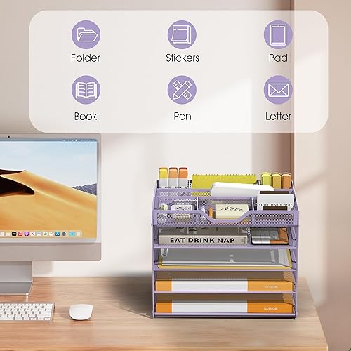 Miniatura 7 de Bandeja de papel de 5 niveles con 3 soportes para bolígrafos, organizador de archivos de escritorio de malla con asa, organizadores de escritorio y