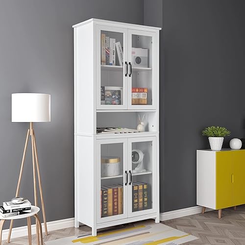 Karl home 4-Tier Bookcase Storage Cabinet, Freestanding Bookshelf with 4 Acrylic Doors 1 Open Shelf, Kitchen Pantry Bathroom Cabinet for Office Bedroom Dining Living Room White 29.13"Lx13.78"Wx70.87"H