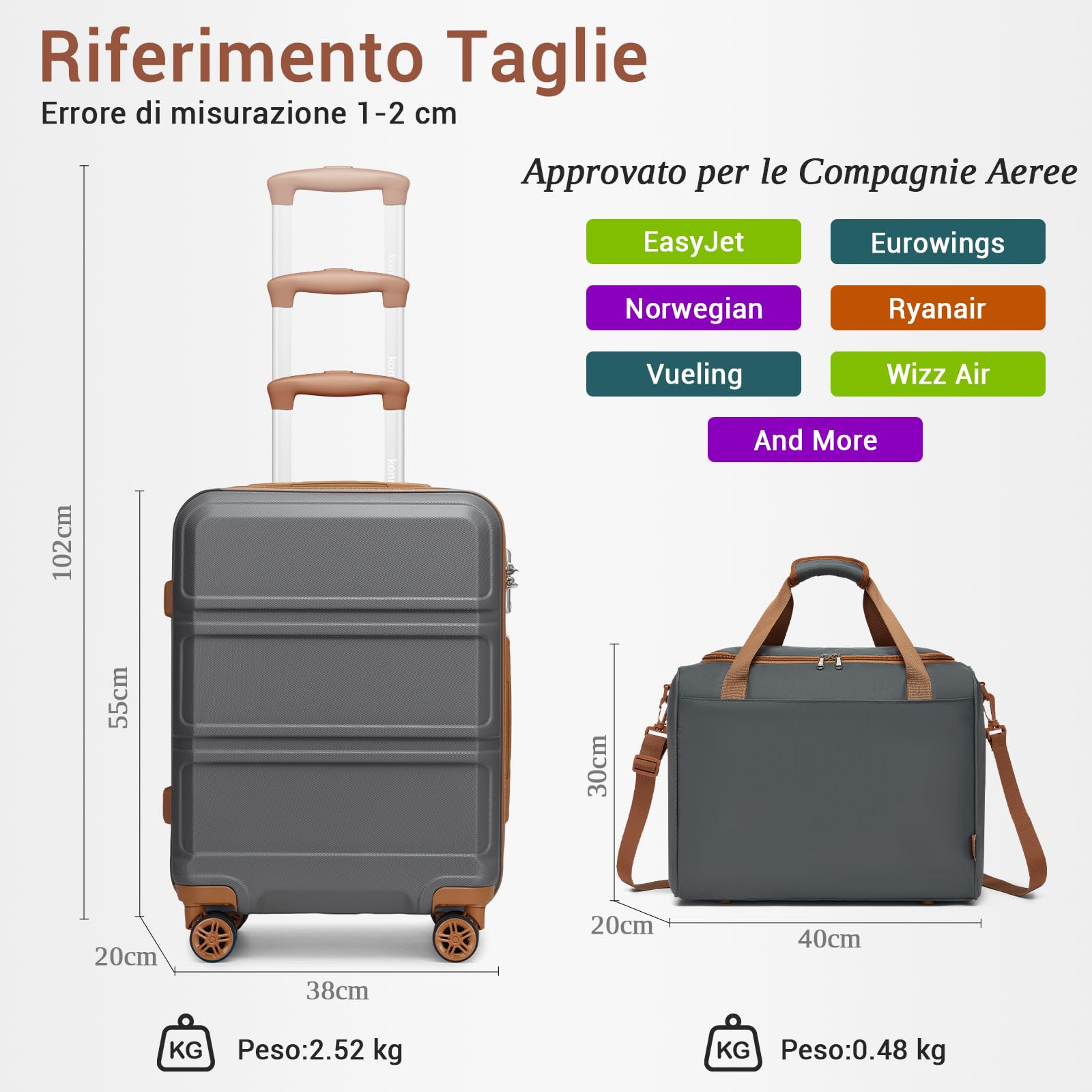 KONO Set di 2 Valigia Bagaglio a Mano Rigida e Leggera ABS+PC Trolley 55cm con 4 Ruote Rotanti e Lucchetto TSA & Borsa da Viaggio Ryanair 40x30x20, Grigio/Marrone