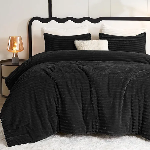 CozyLux Fluffy Queen Comforter Set - Super Soft Faux Fur Black Comforter Queen Size, Winter Warm Fleece Bedding Set, 3 Pieces Plush Fuzzy Bed Set (1 Shaggy Comforter, 2 Pillowcases)